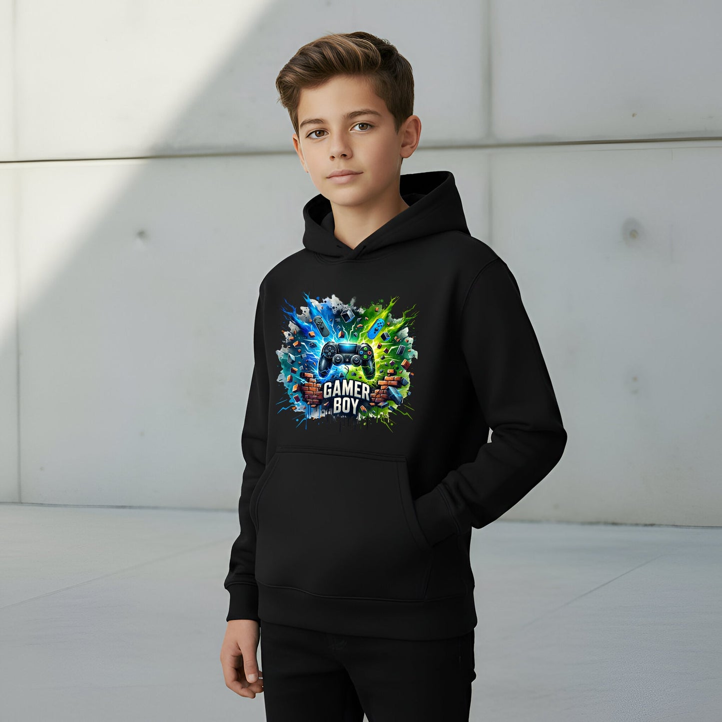 Fringoo Gamer Hoodie for Boys Cotton Rich Soft Hooded Sweatshirt - Gamer Boy Thunder Black