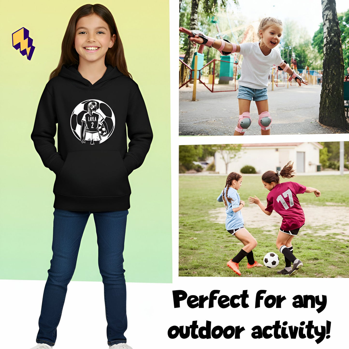 Fringoo football Sweat à capuche noir fille Cotton Rich Soft Hooded Sweatshirt- football Ball fille noir