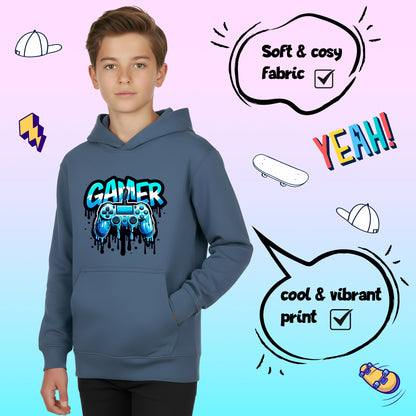 Fringoo Gamer Hoodie for Boys Cotton Rich Soft Hooded Sweatshirt - Dripping Gamer Blue