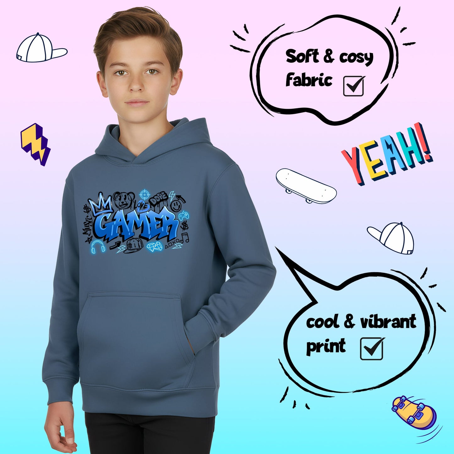 Fringoo gamer Sweat à capuche garçon Cotton Rich Soft Hooded Sweatshirt- gamer Graffiti bleu