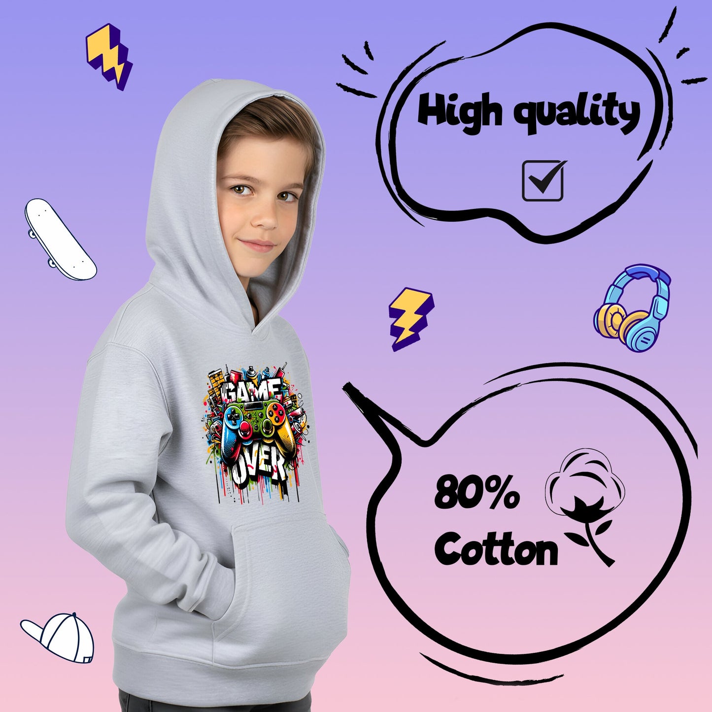 Fringoo gamer Sweat à capuche gris garçon Cotton Rich Soft Hooded Sweatshirt- Game over Graffiti gris