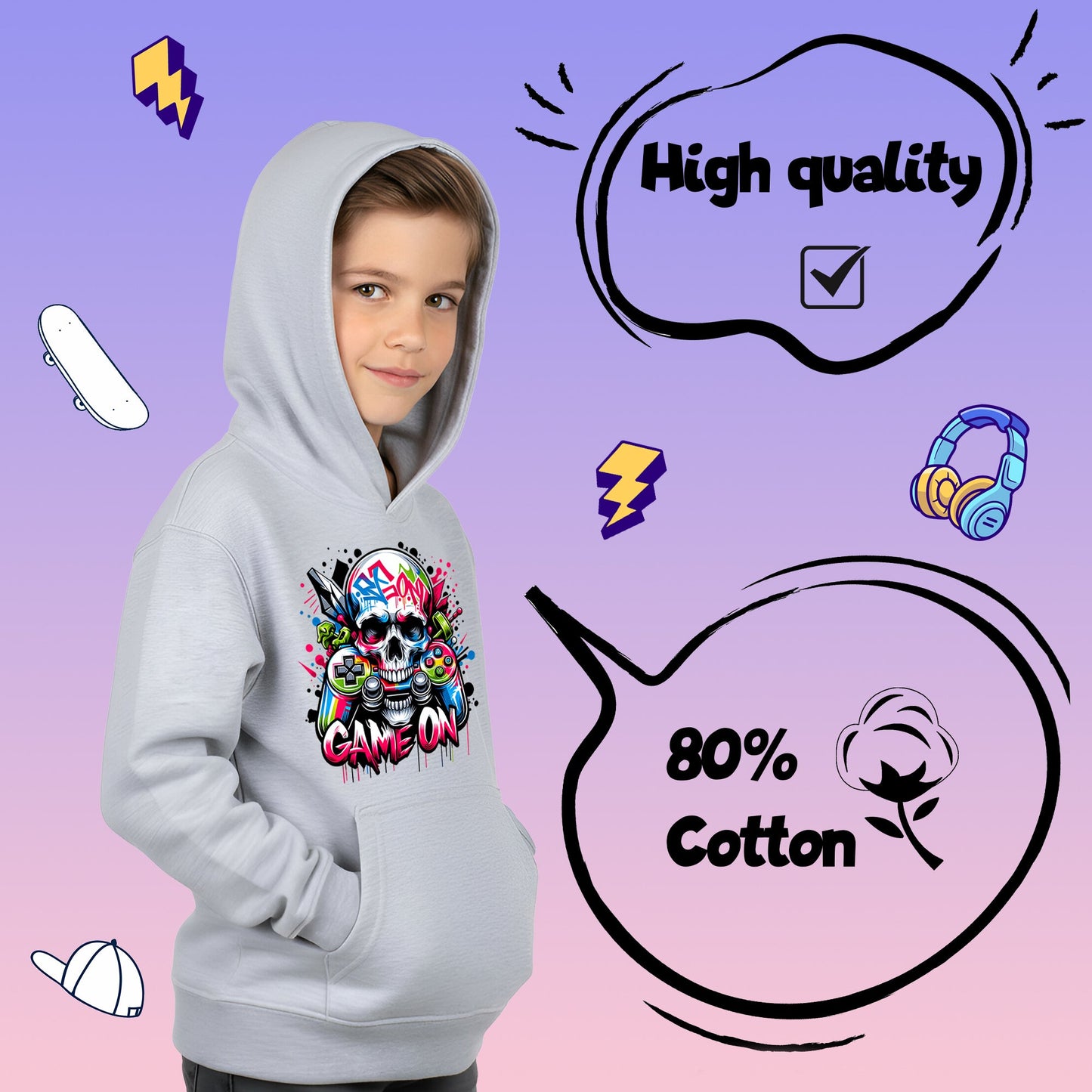 Fringoo gamer Sweat à capuche gris garçon Cotton Rich Soft Hooded Sweatshirt- Game on Skull gris