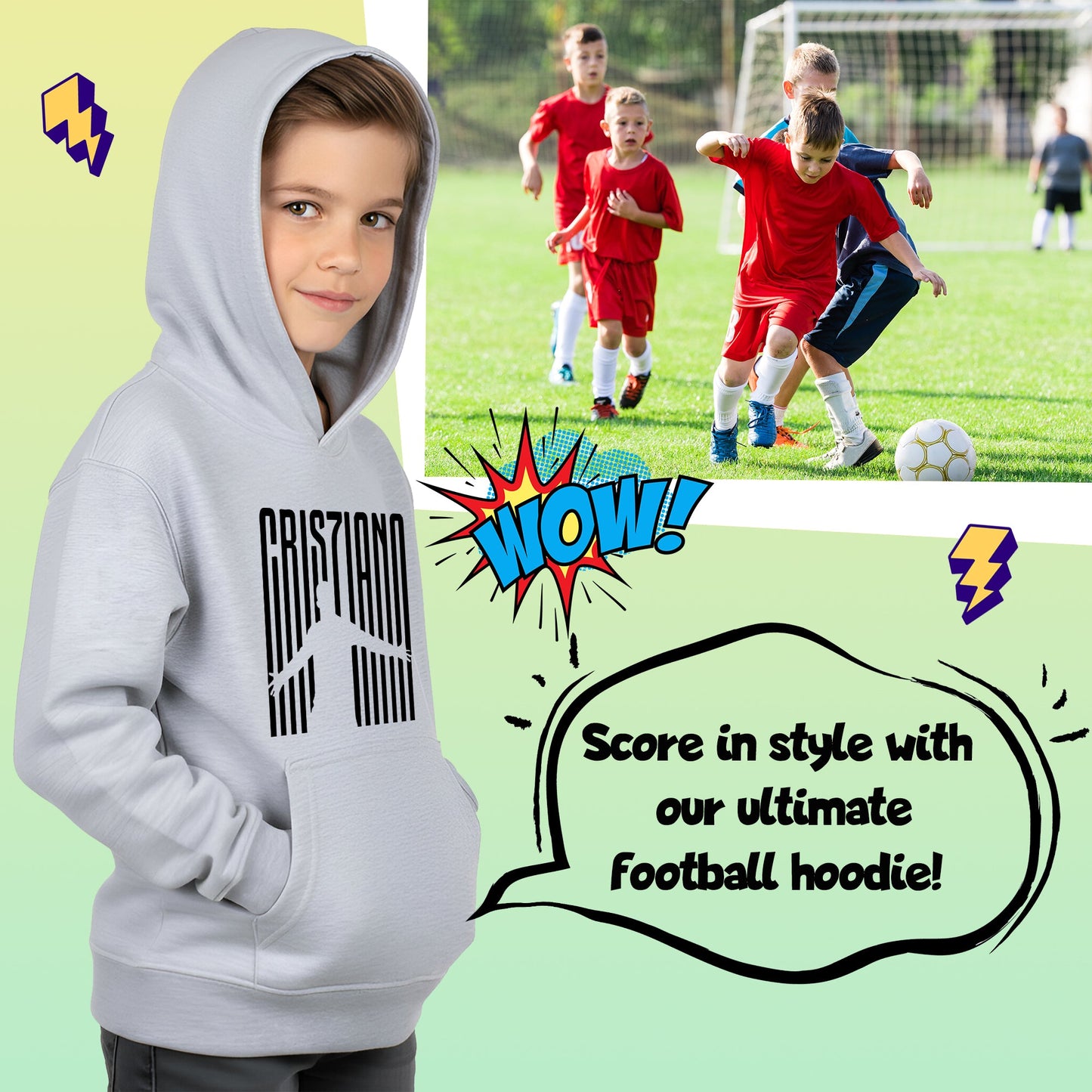 Fringoo gamer Sweat à capuche gris garçon Cotton Rich Soft Hooded Sweatshirt- Cristiano gris