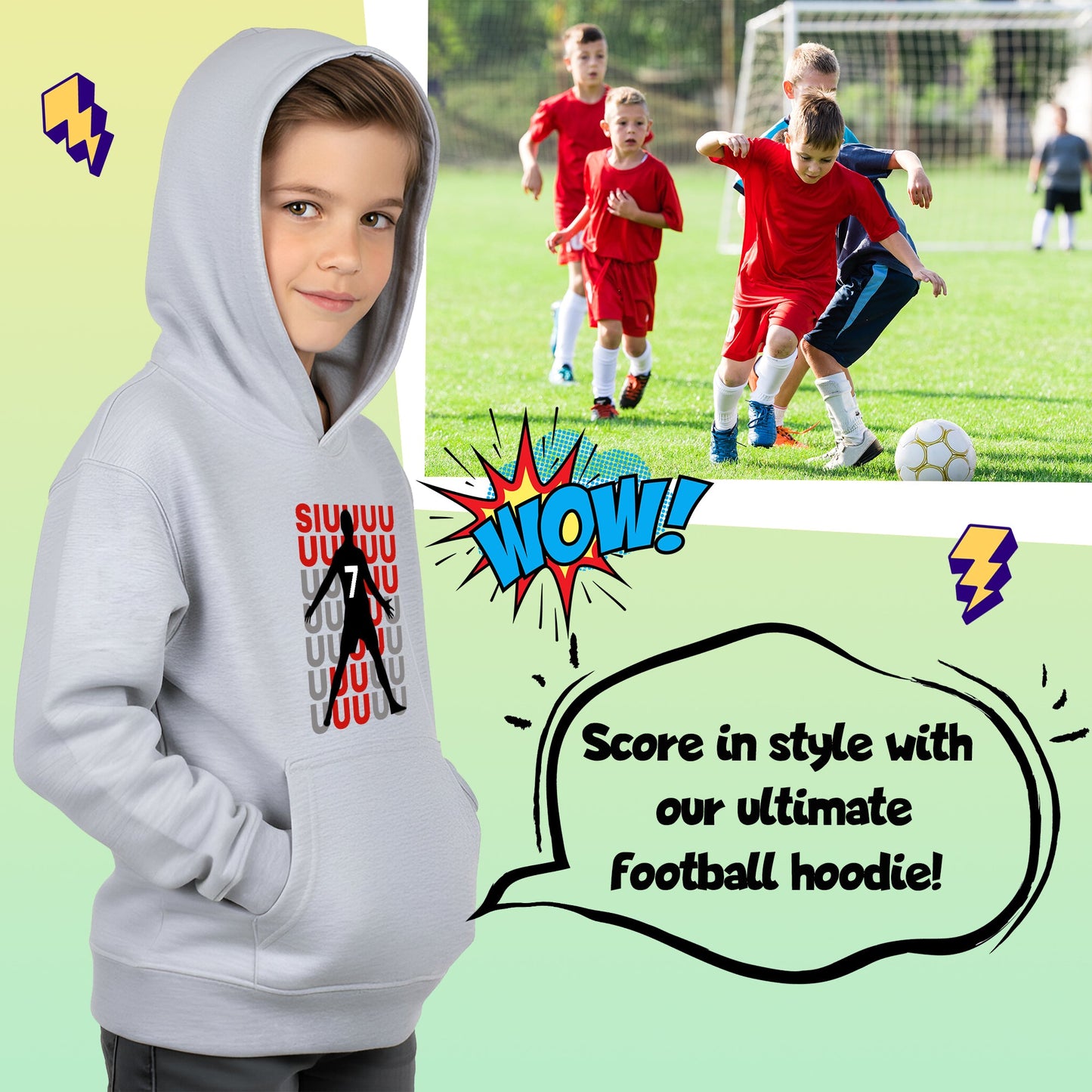 Fringoo Gamer Hoodie Grey for Boys Cotton Rich Soft Hooded Sweatshirt - Cristiano SIUUU Grey