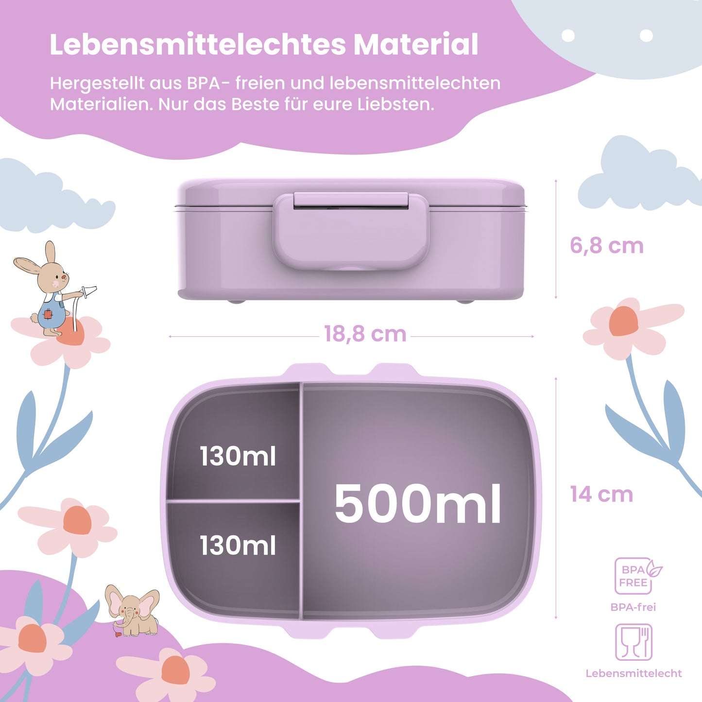 Brotdose Kinder mit Fächern, leicht & auslaufsicher - lila