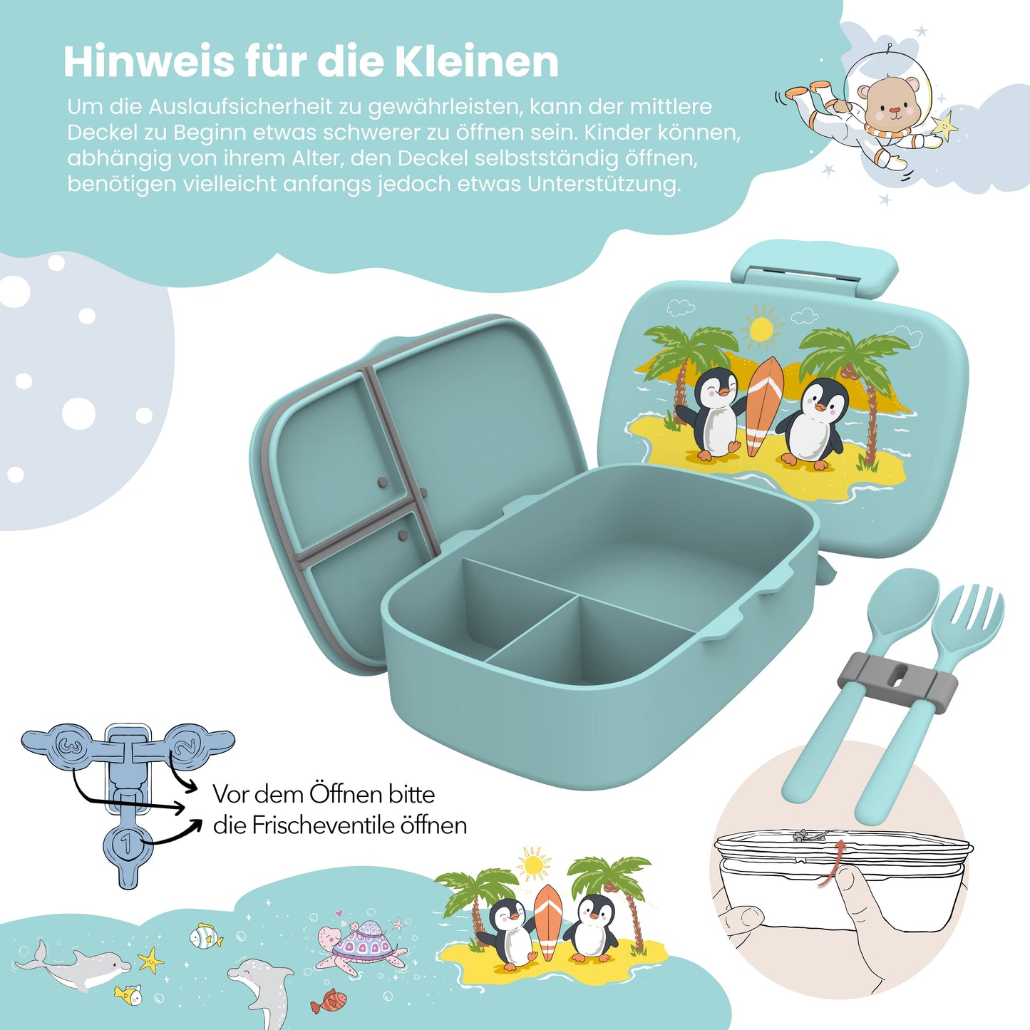 Brotdose Kinder mit Fächern, leicht & auslaufsicher- Pinguin