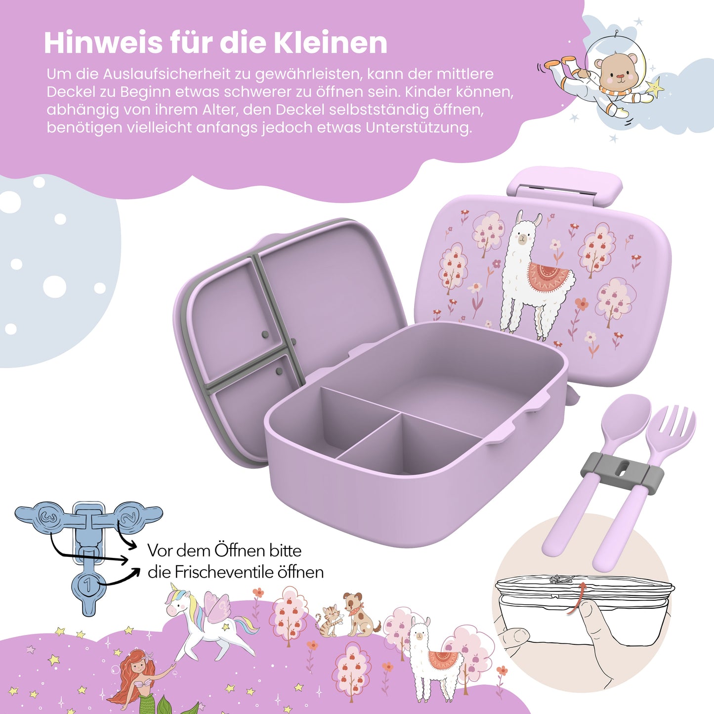 Kids' Lunch Box with Compartments, Lightweight & Leak-Proof - Llama