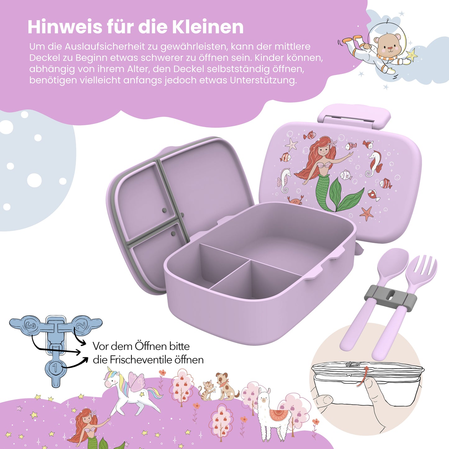 Bento Box for Kids with Compartments, Lightweight & Leak-Proof - Mermaid