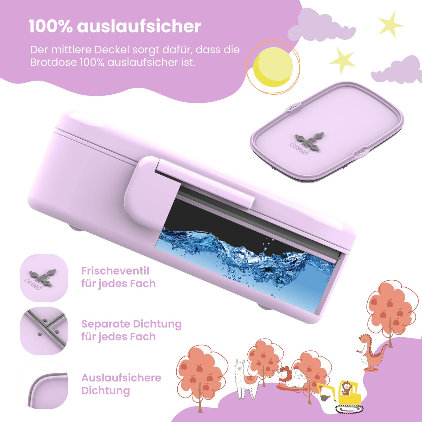 Brotdose Kinder Fächern, leicht & auslaufsicher - Hund Katze