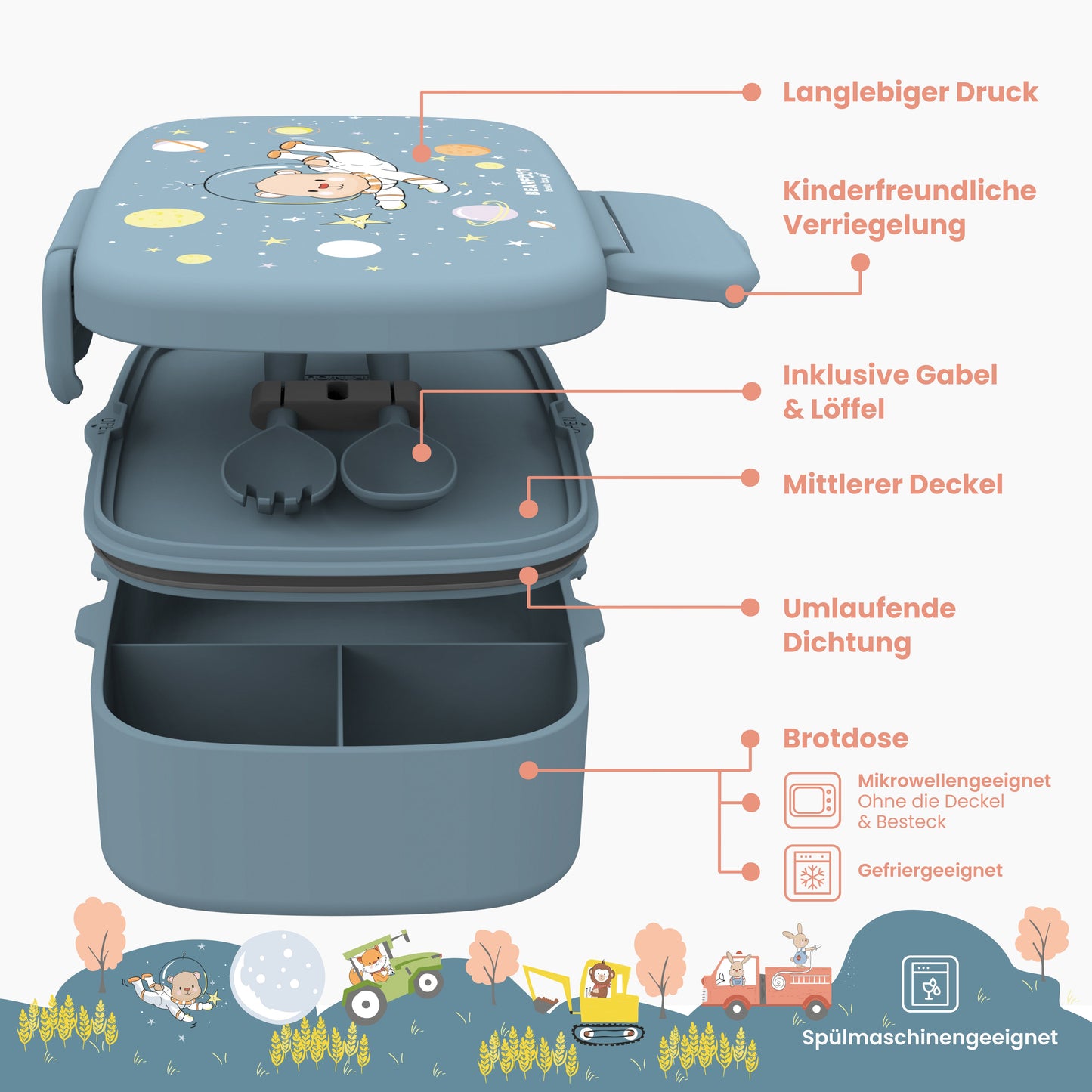 Kids' Lunch Box with Compartments, Lightweight & Leak-Proof - Bear