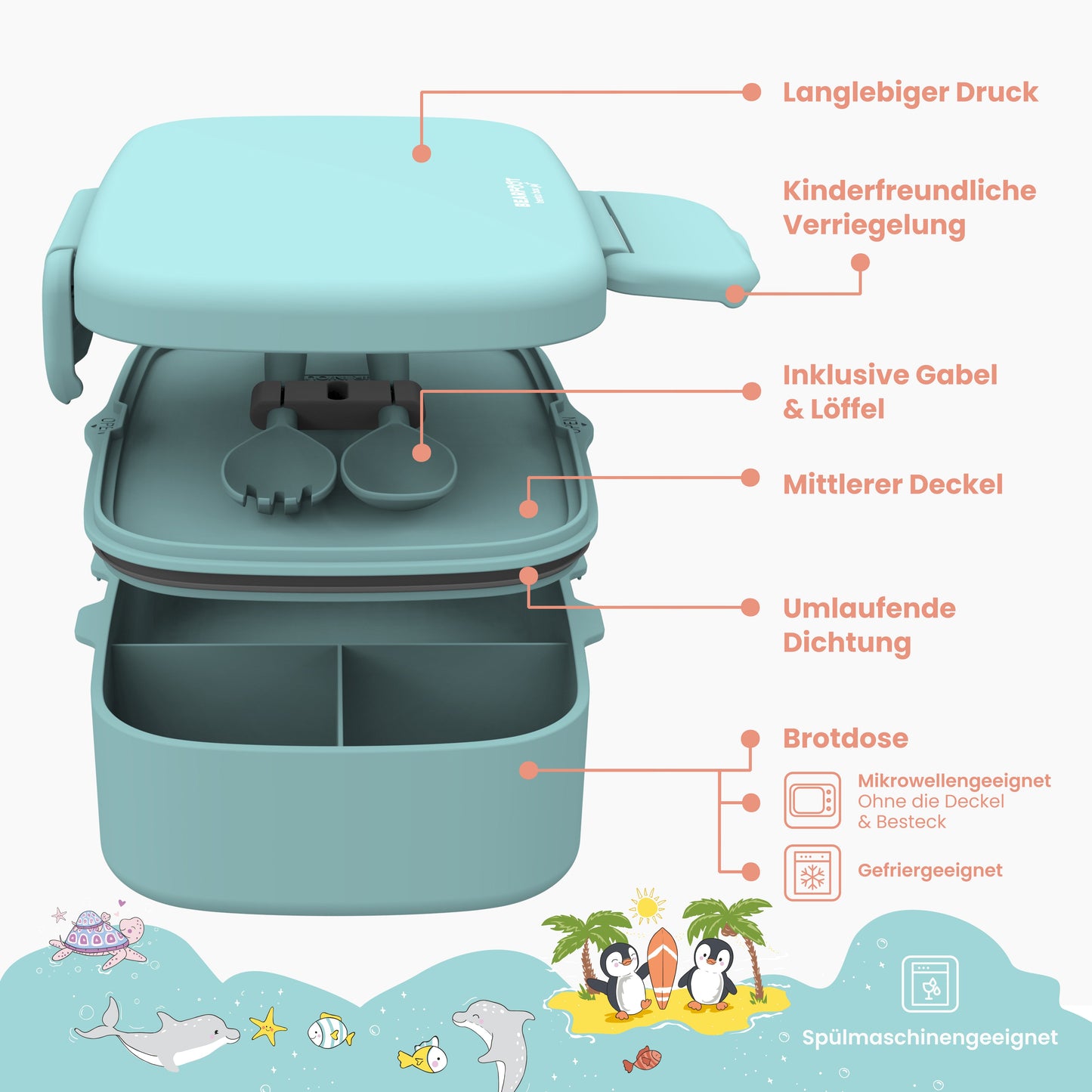 Kids' Bento Box with Compartments, Lightweight & Leakproof - Mint