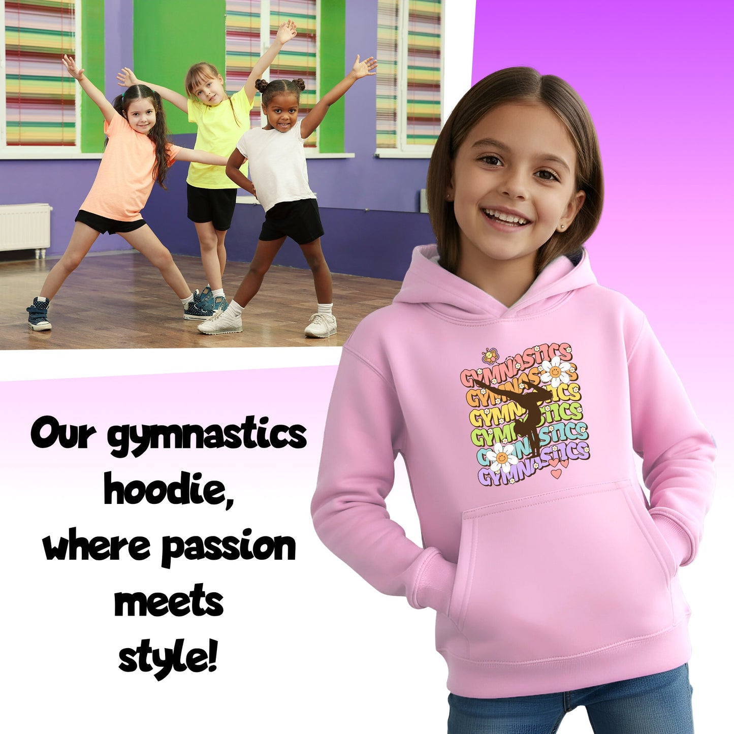 Fringoo Gymnastic Hoodie for Kids Cotton Rich Soft Hooded Sweatshirt - Gymnastic Daisy - Pink