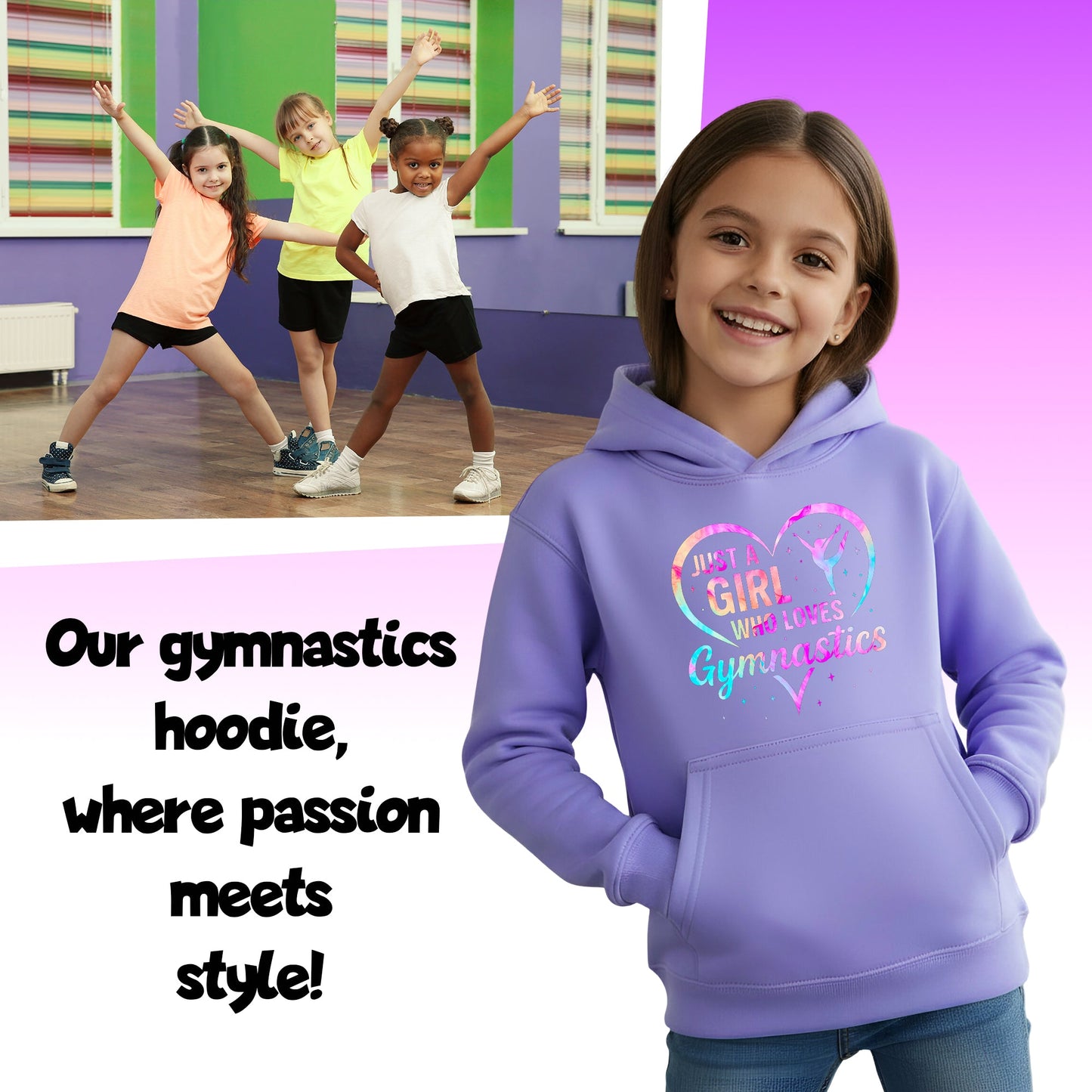 Fringoo Gymnastic Sweat à capuche for enfant Cotton Rich Soft Hooded Sweatshirt- Love Gymnastic violet