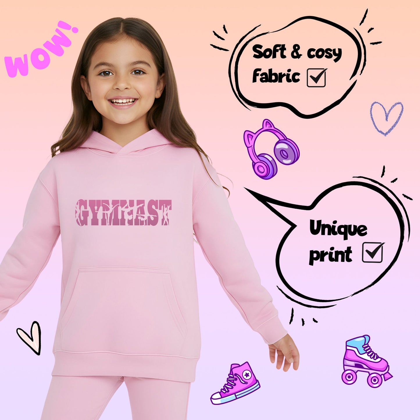 Fringoo Gymnastic Sweat à capuche for enfant Cotton Rich Soft Hooded Sweatshirt- Gymnast rose