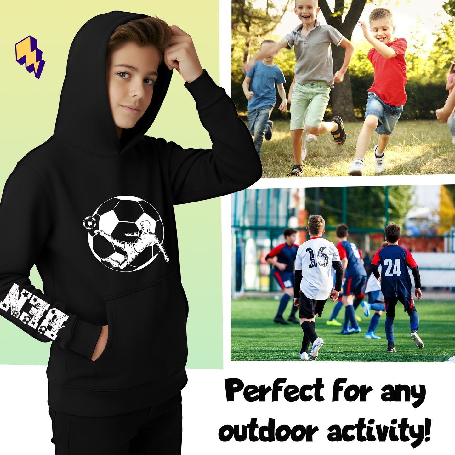 Fringoo football Sweat à capuche noir garçon Cotton Rich Soft Hooded Sweatshirt- football Sleeve noir