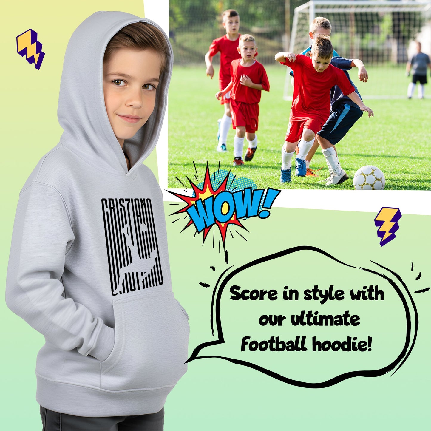 Fringoo gamer Sweat à capuche gris garçon Cotton Rich Soft Hooded Sweatshirt- Cristiano Kick gris