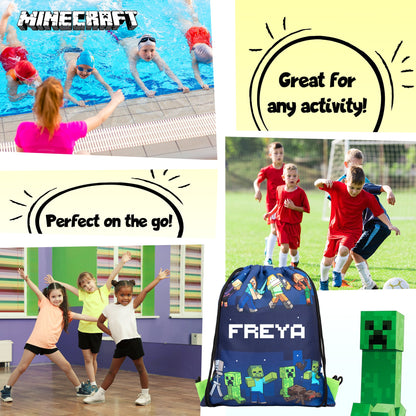 Official Minecraft Minecraft Blue Personalized Drawstring Bag | Kids PE Bag | Fringoo
