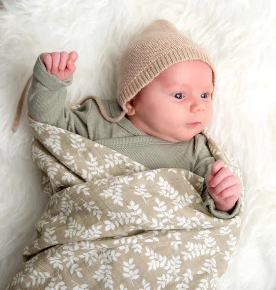 XL Organic Cotton Muslin – Feuilles Taupe