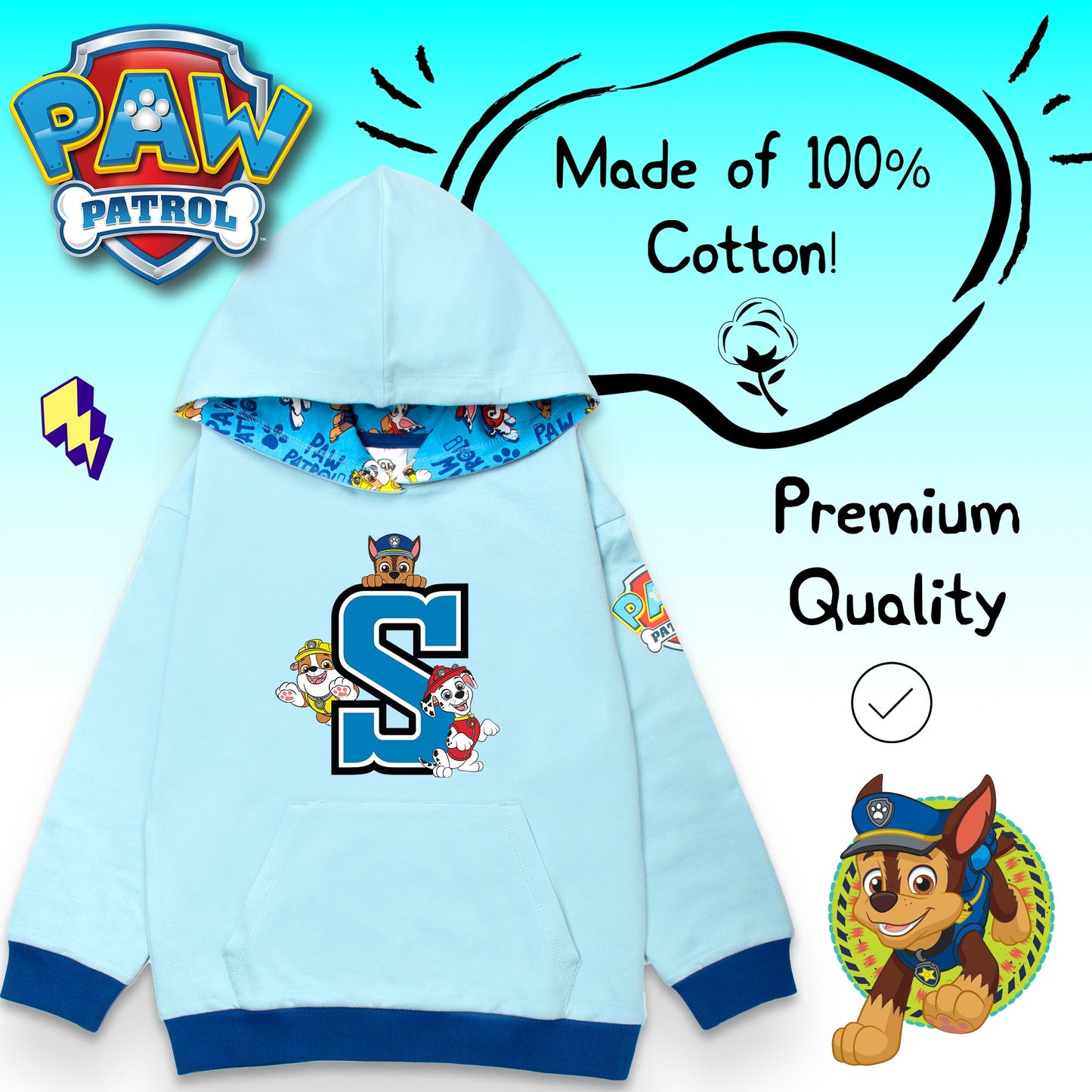 Paw Patrol Personalized Initial Hoodie for Boys - Blue