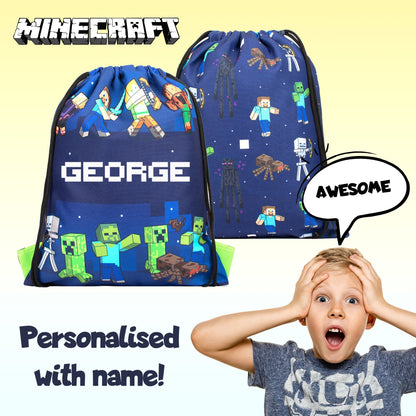 Official Minecraft Minecraft Blue Personalized Drawstring Bag | Kids PE Bag | Fringoo