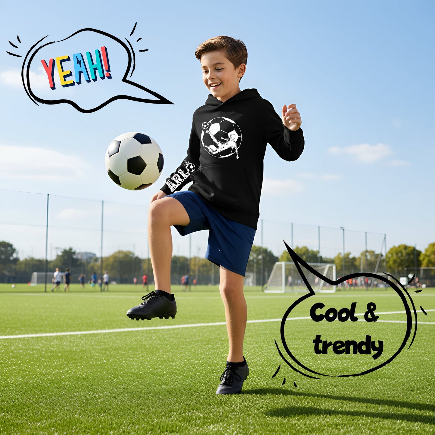 Fringoo football Sweat à capuche noir garçon Cotton Rich Soft Hooded Sweatshirt- football Sleeve noir
