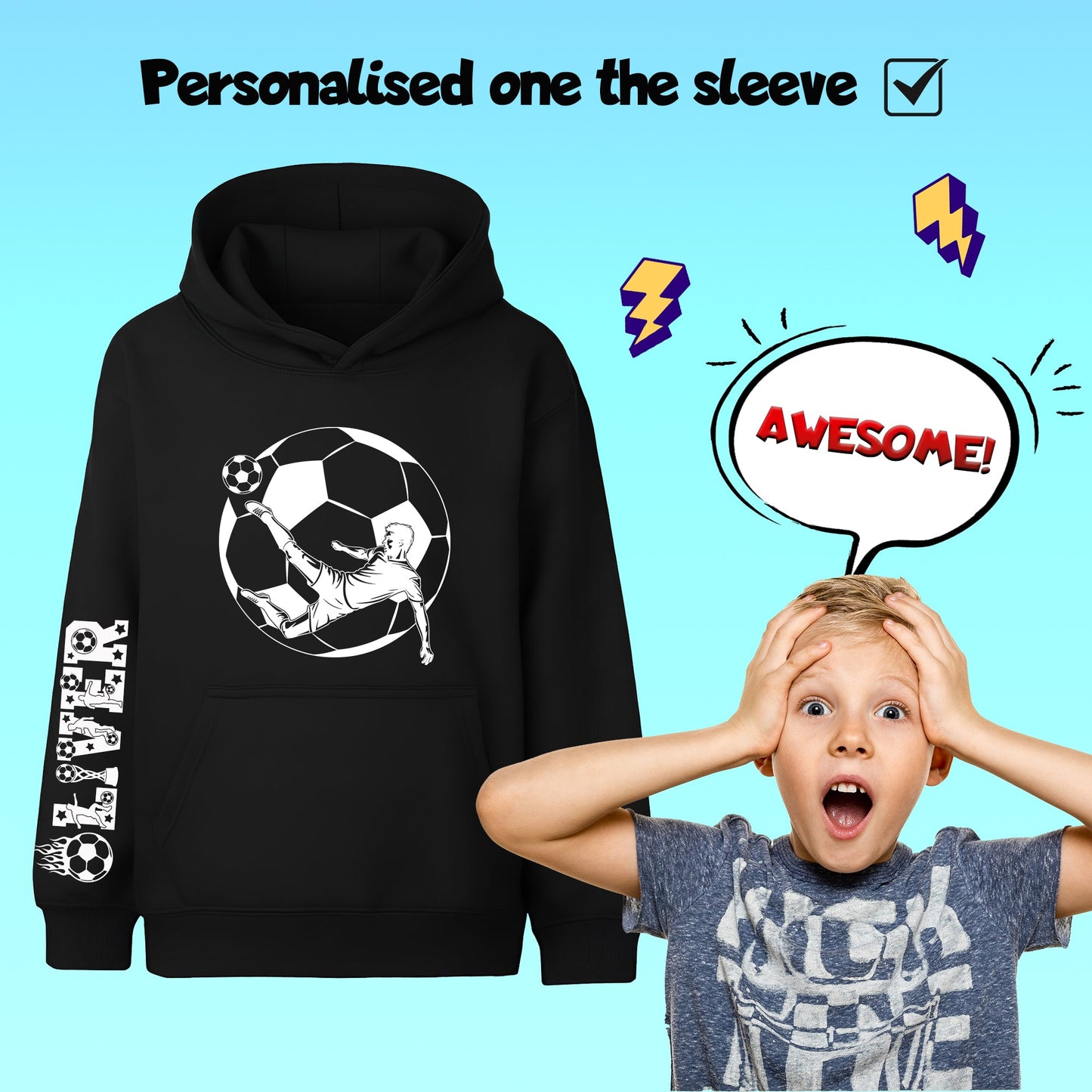 Fringoo football Sweat à capuche noir garçon Cotton Rich Soft Hooded Sweatshirt- football Sleeve noir