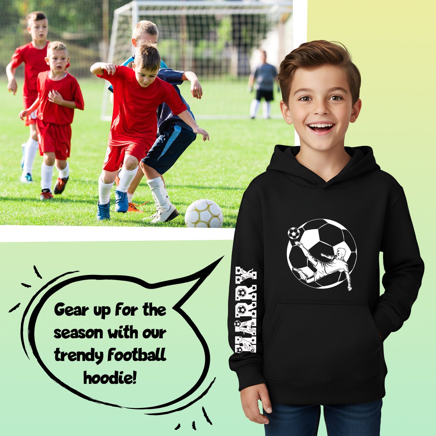 Fringoo football Sweat à capuche noir garçon Cotton Rich Soft Hooded Sweatshirt- football Sleeve noir