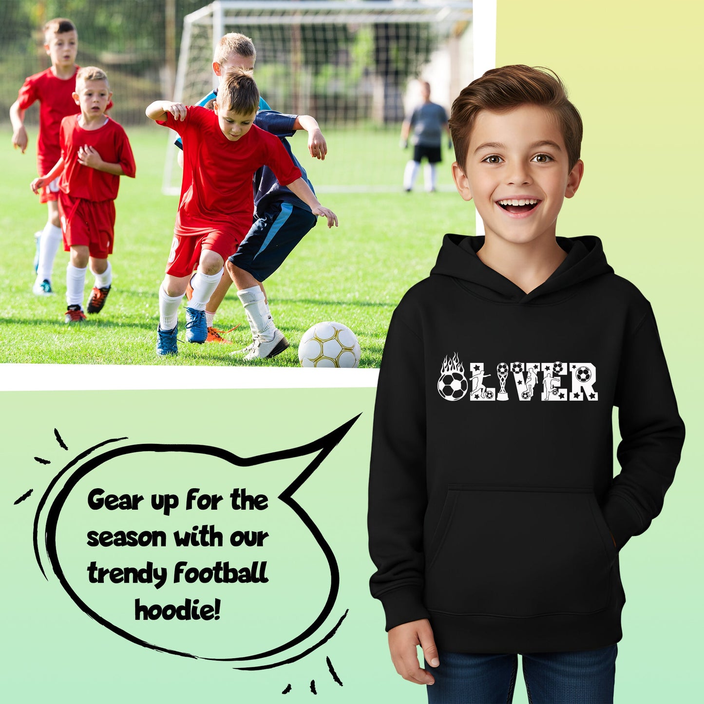 Fringoo football Sweat à capuche noir garçon Cotton Rich Soft Hooded Sweatshirt- football Alphabet noir