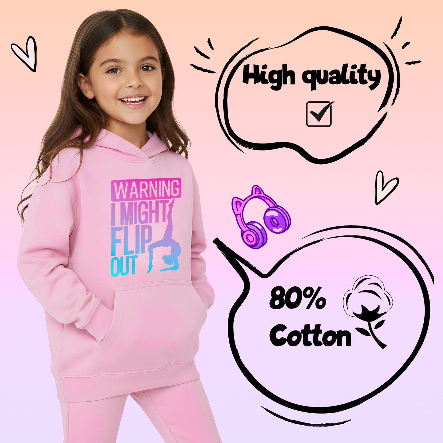 Fringoo Gymnastic Sweat à capuche for enfant Cotton Rich Soft Hooded Sweatshirt- Gymnastic Flip out- rose