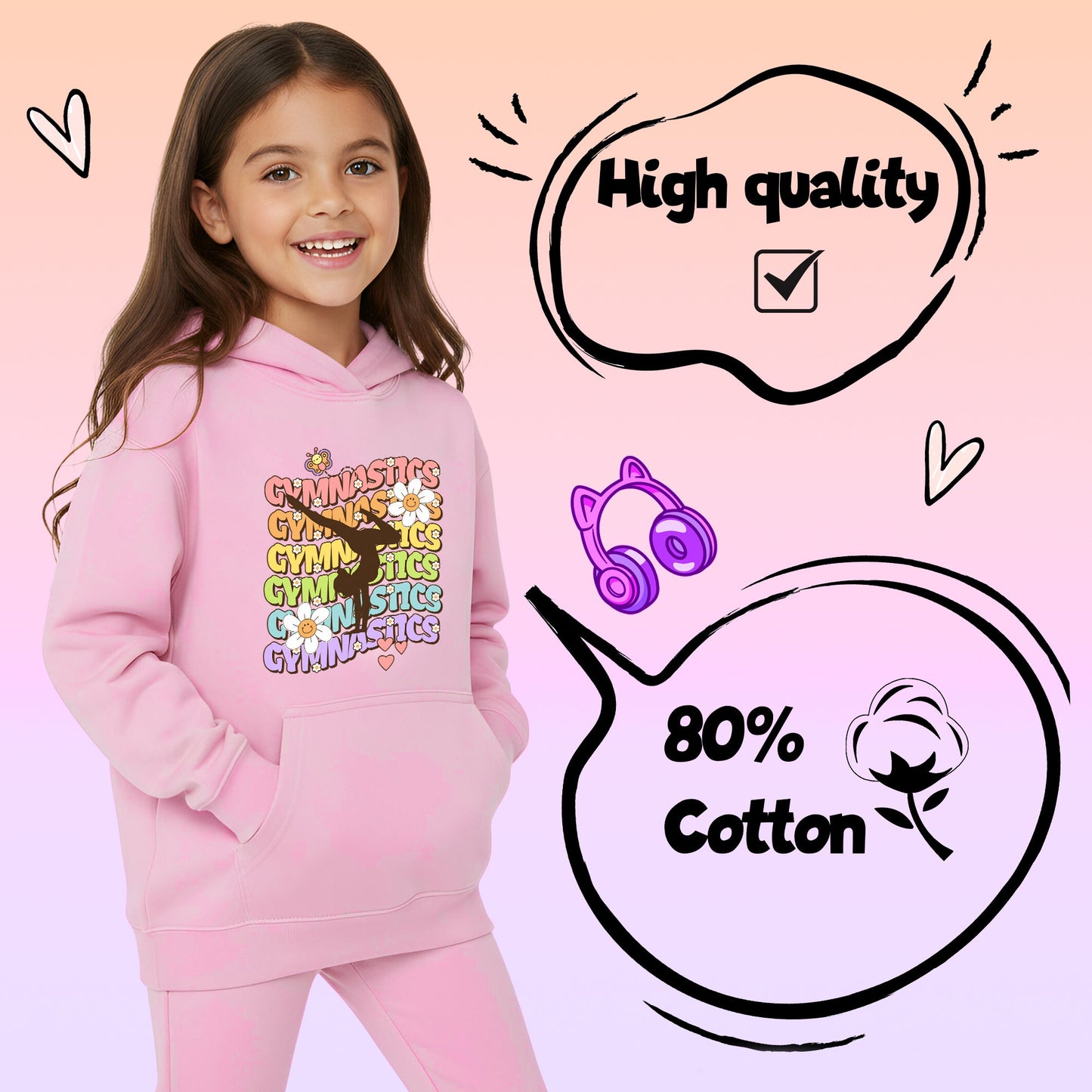 Fringoo Gymnastic Hoodie for Kids Cotton Rich Soft Hooded Sweatshirt - Gymnastic Daisy - Pink