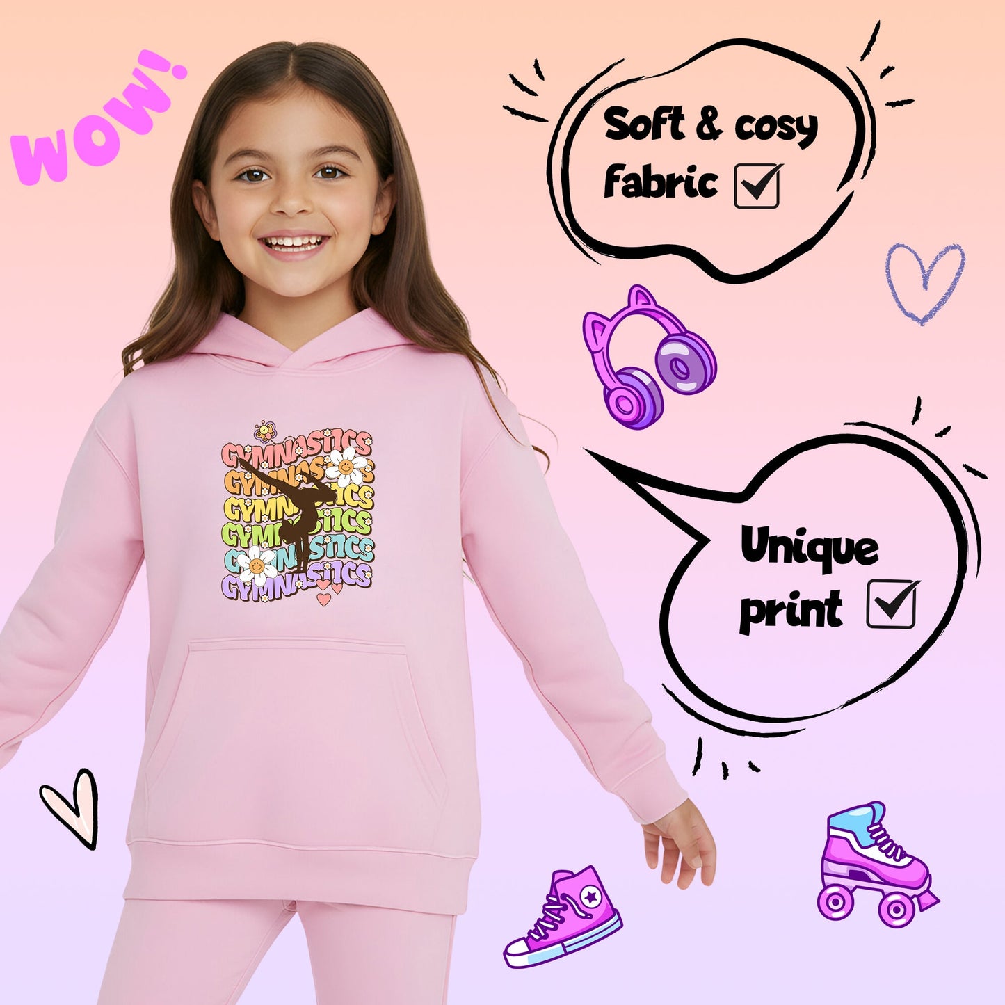 Fringoo Gymnastic Hoodie for Kids Cotton Rich Soft Hooded Sweatshirt - Gymnastic Daisy - Pink