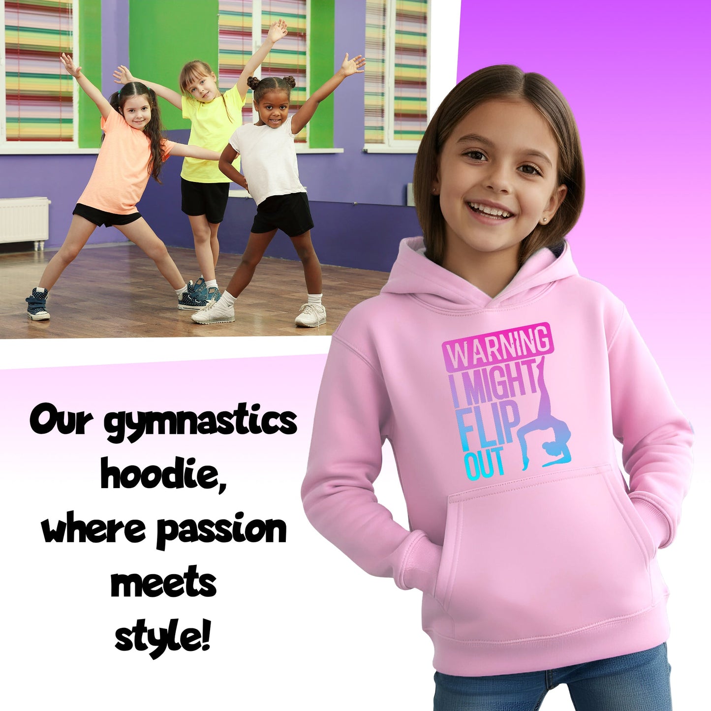 Fringoo Gymnastic Sweat à capuche for enfant Cotton Rich Soft Hooded Sweatshirt- Gymnastic Flip out- rose
