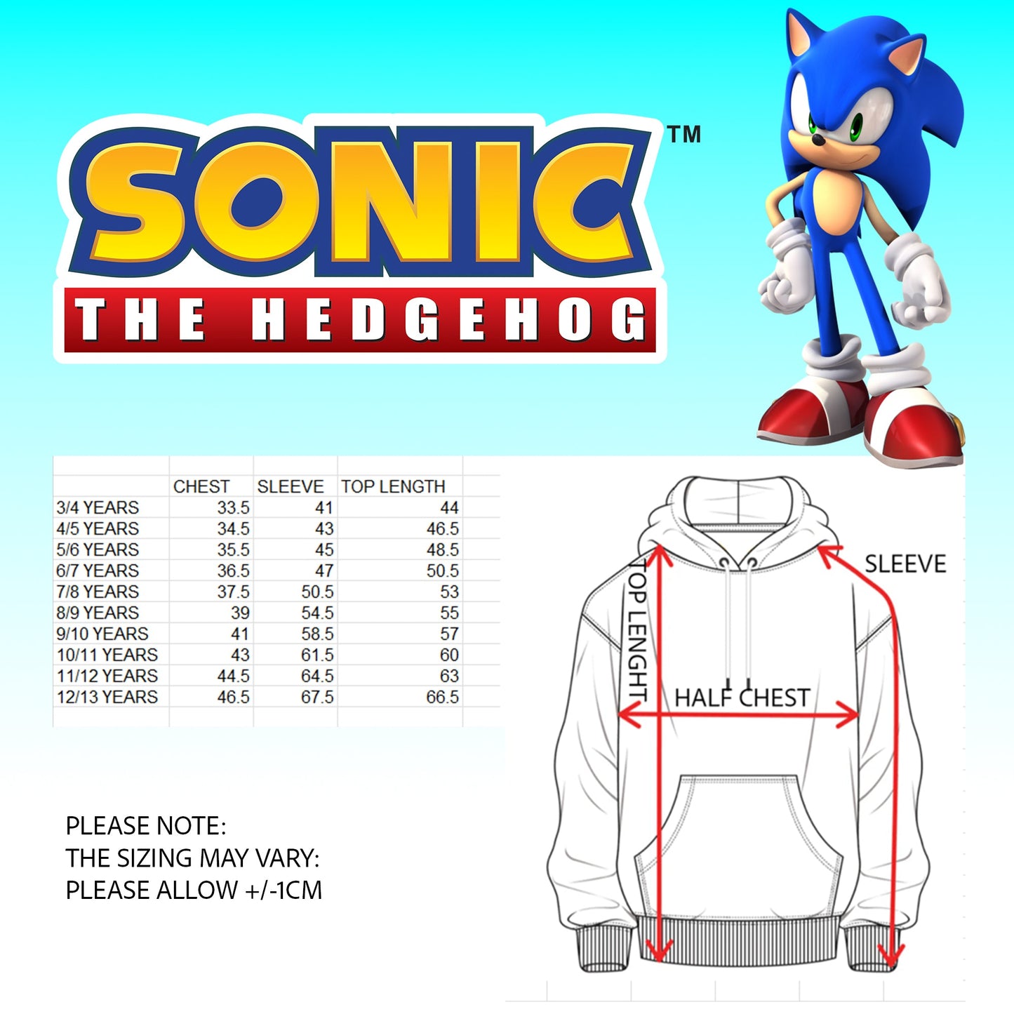 Sonic THE HEDGEHOG garçon Sweat à capuche – 100% Cotton Hooded Sweatshirt