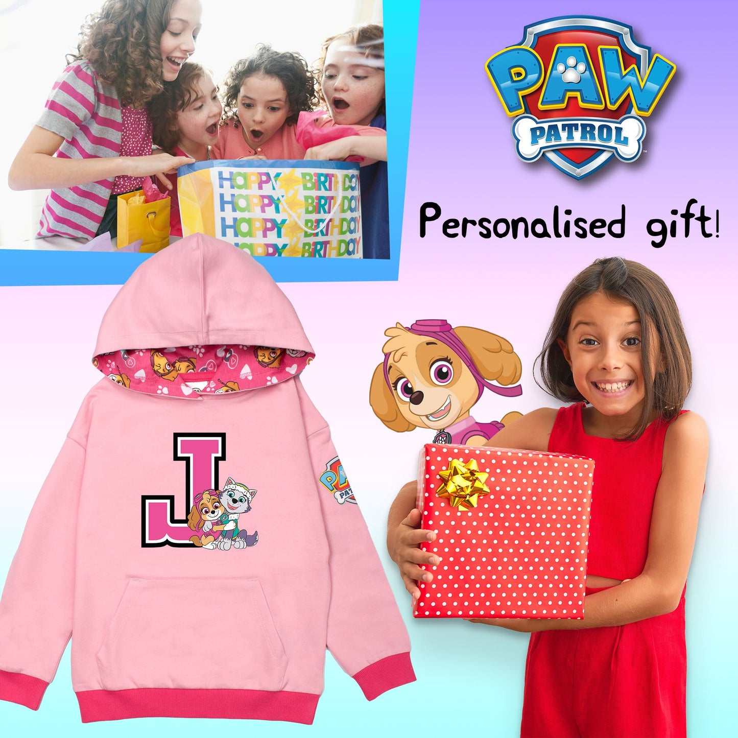 Paw Patrol Personalised Initial Hoodie for Girls - Pink