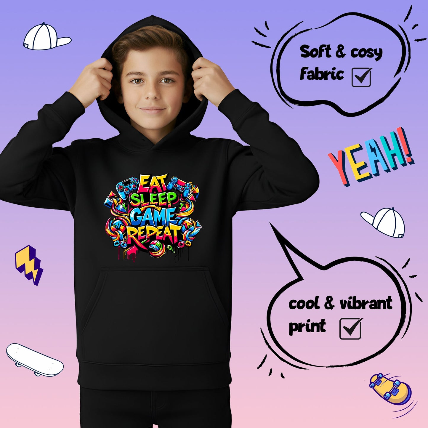 Fringoo gamer Sweat à capuche gris garçon Cotton Rich Soft Hooded Sweatshirt- Eat Game noir