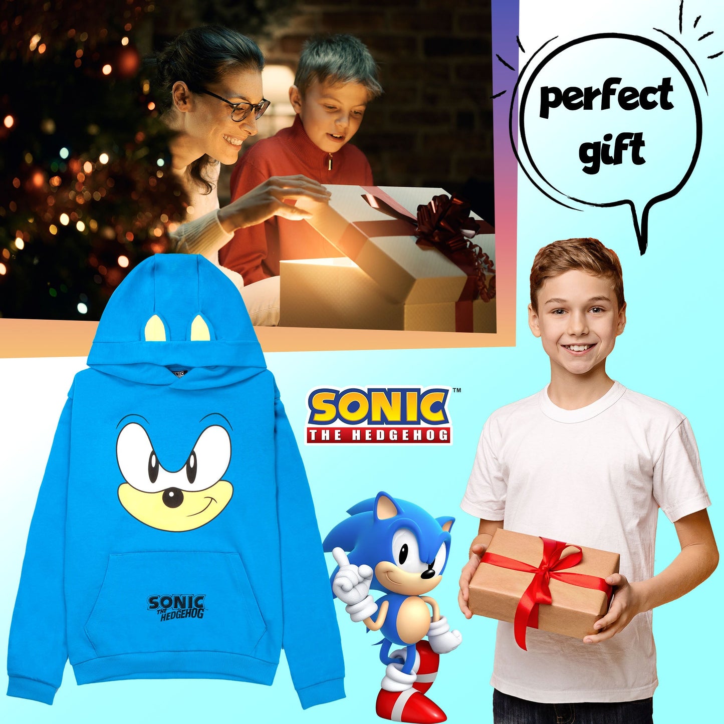 Sonic THE HEDGEHOG garçon Sweat à capuche – 100% Cotton Hooded Sweatshirt