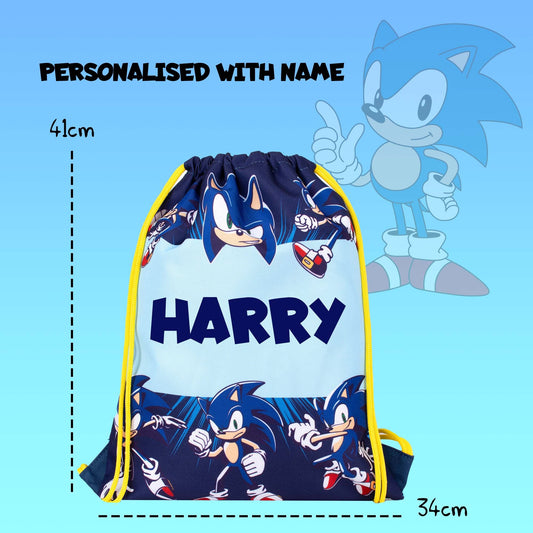 Official Sonic the Hedgehog PE drawstring bag, personalized with your child's full name.