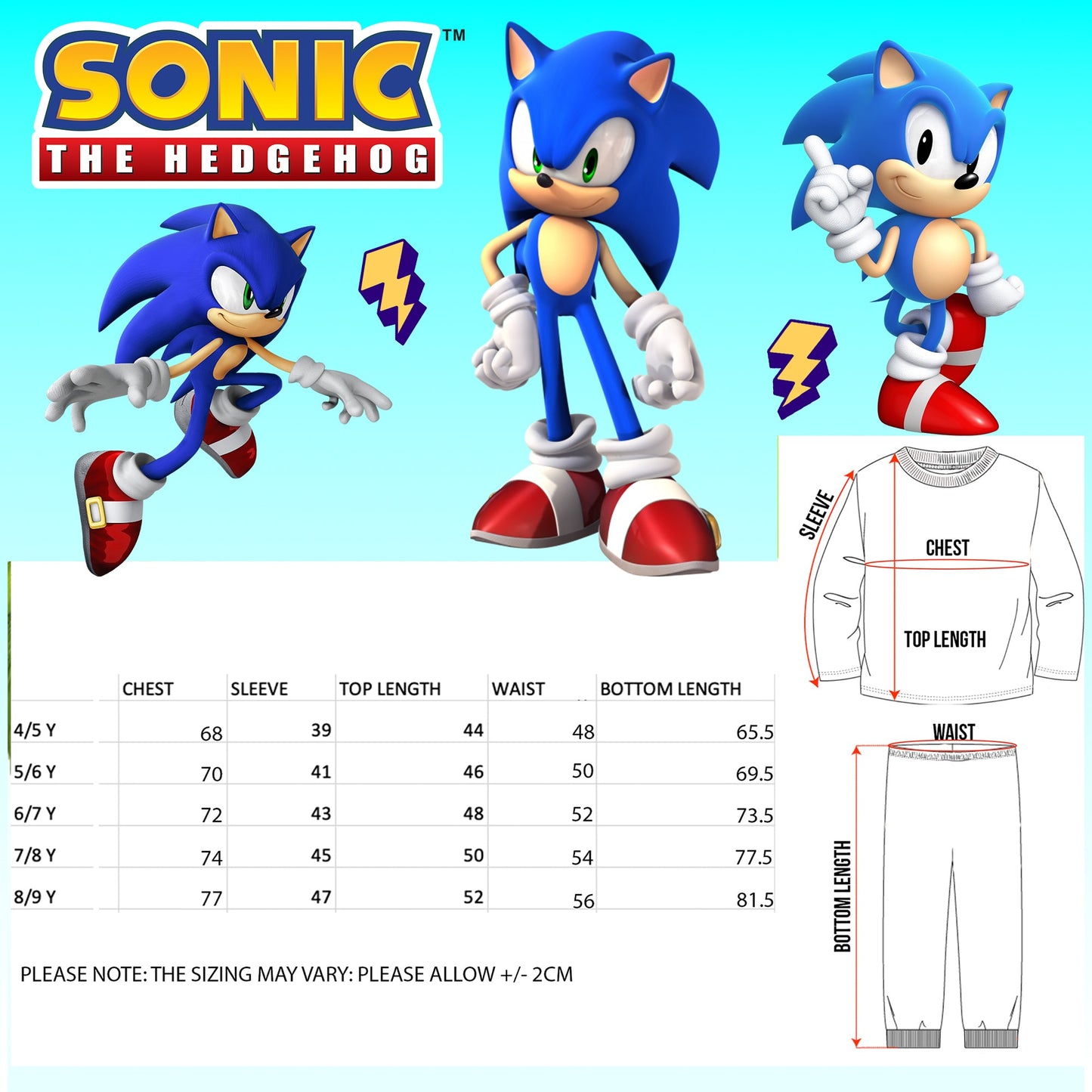 Sonic The Hedgehog Pyjama garçon Long Sleeve 100% Cotton