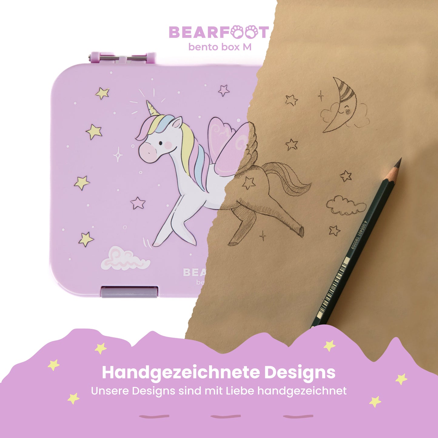 Brotdose Kinder mit Fächern, Lunchbox, Bento box - Einhorn Lila