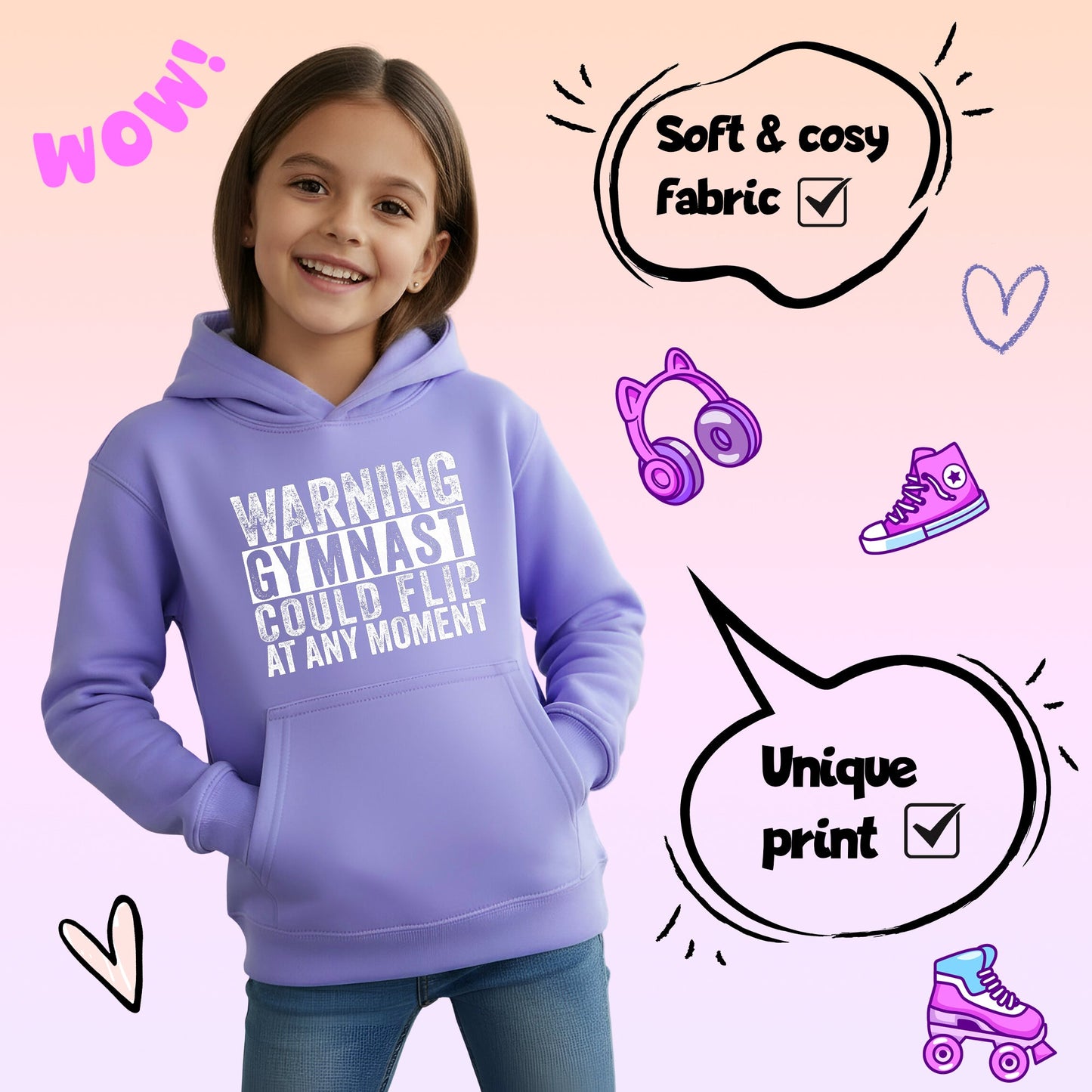 Fringoo Gymnastic Sweat à capuche for enfant Cotton Rich Soft Hooded Sweatshirt- Gymnast Warning violet