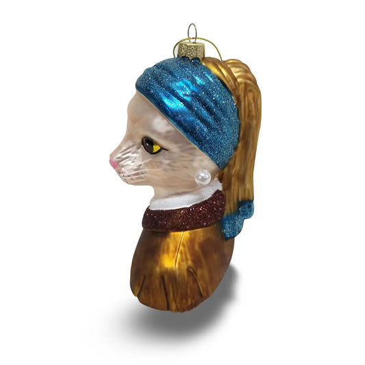 Young Girl with a Pearl Cat White Christmas Bauble